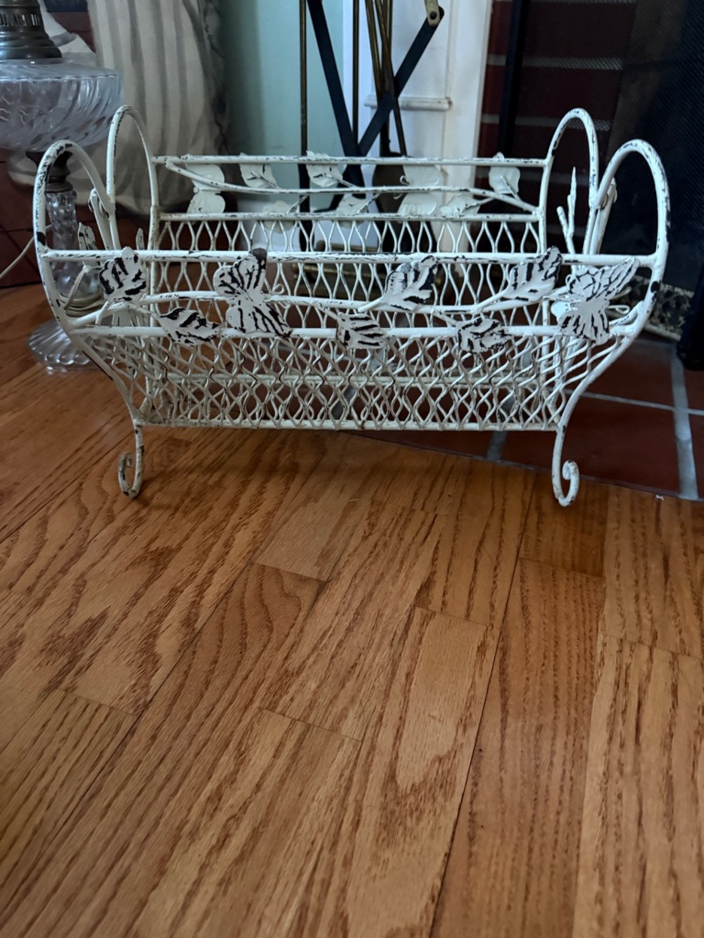 Vintage shabby chic white butterfly wire magazine rack